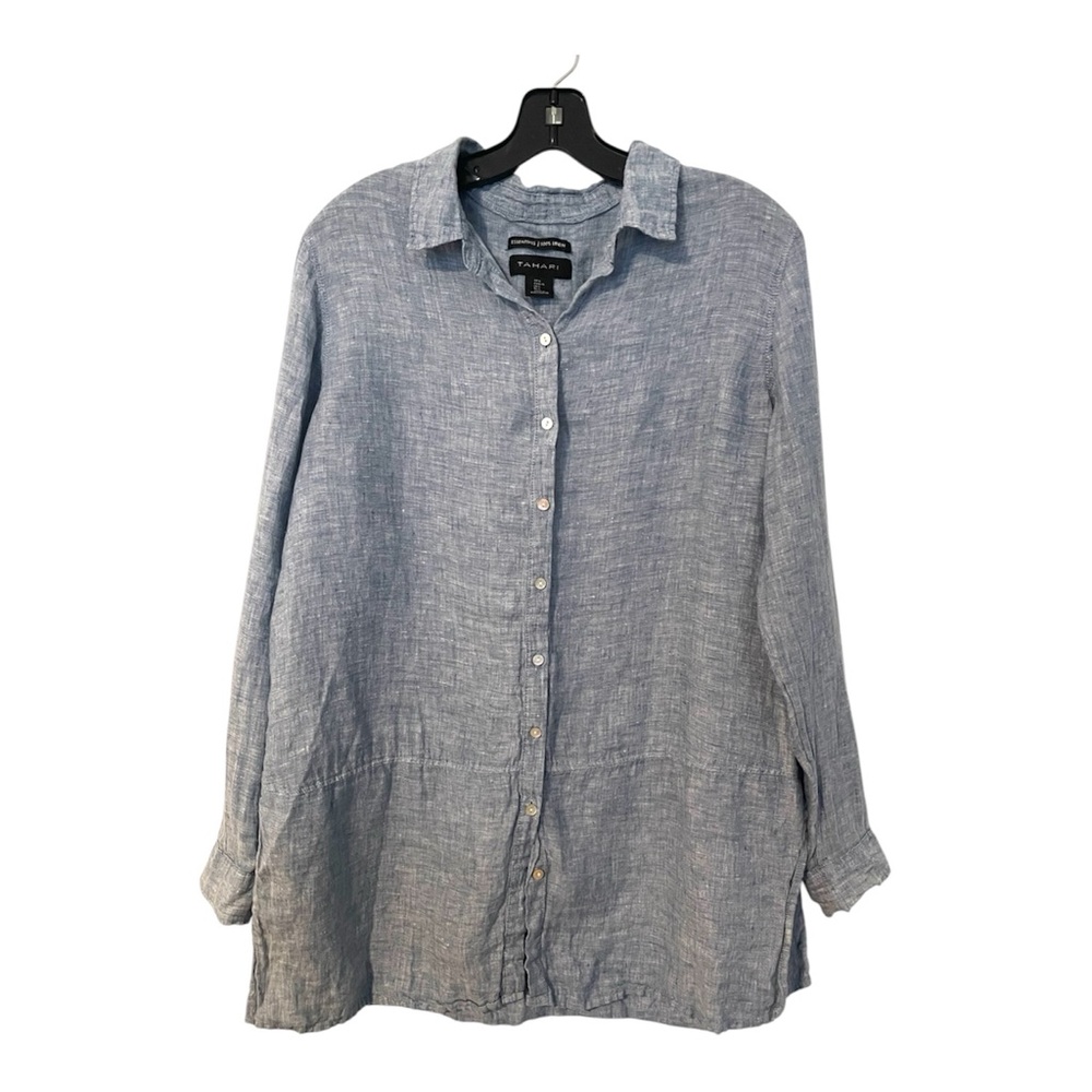 Tahari Long Linen Tunic Button-Up Blouse Top Chambray Blue Large Long Sleeve